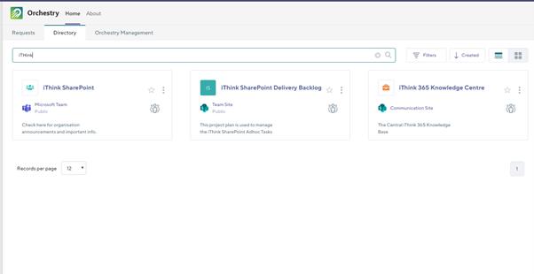 Screenshot of the Orchestry Directory which displays the SharePoint and Teams workspaces in your environment.