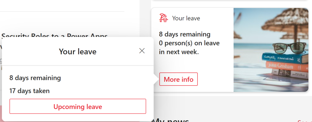 Screenshot from Intranet homepage showing that the member of staff has 8 days of holiday left and there is no one away next week.