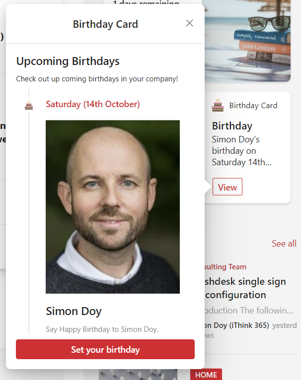 An iThink Connect Birthday card showing that it is someones birthday today on a Microsoft 365 Intranet.