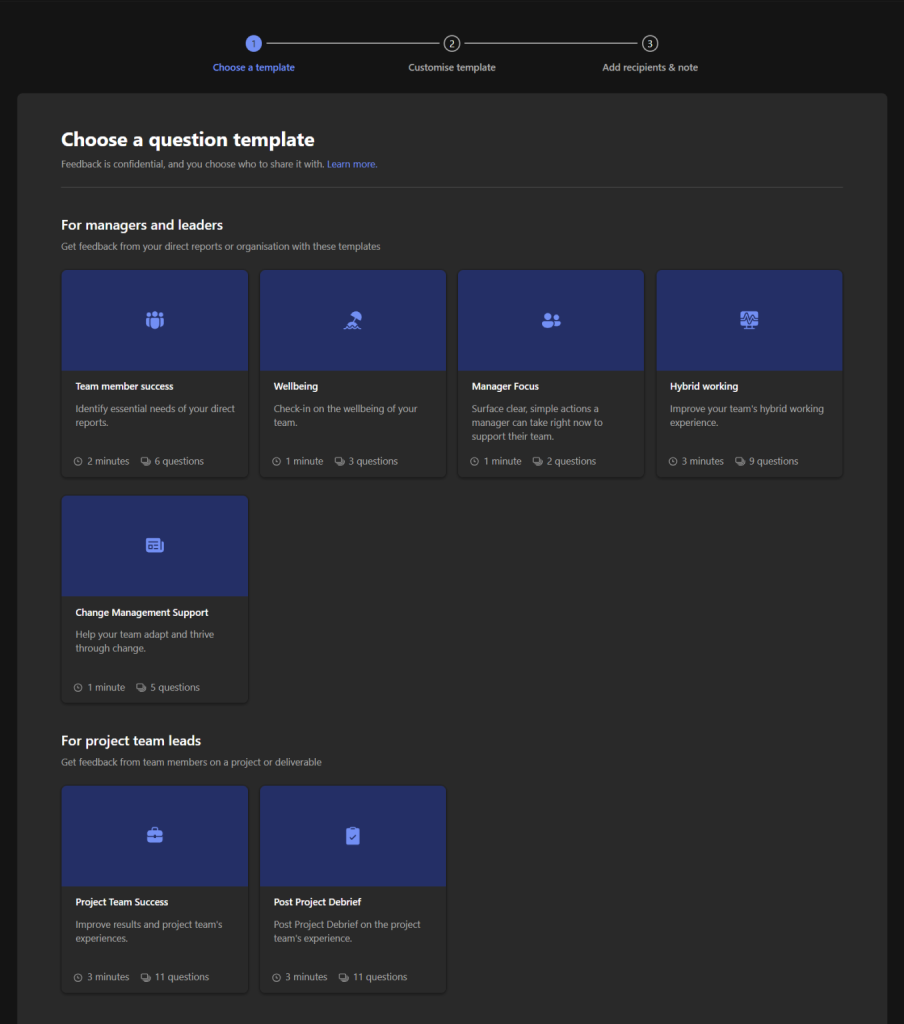 Choose a question template sharing thew different templates to create pulse surveys.
