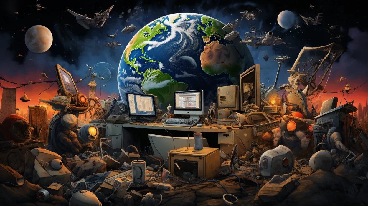 An image generated with Mid Journey which shows the Earth in the background and an office desk with comptuters on with websites showing. The area around is a real mess and full of rubbish.